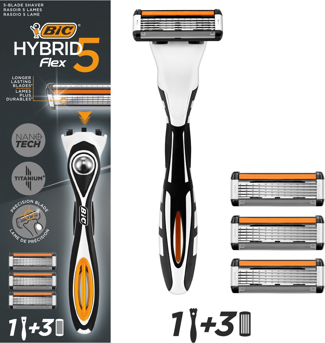 BIC Hybrid 5 Flex - Scheermesjes - Voor Mannen - 5 Titanium Scheerbladen - Heren Scheermes Houder met 3 Navullingen - 1 set