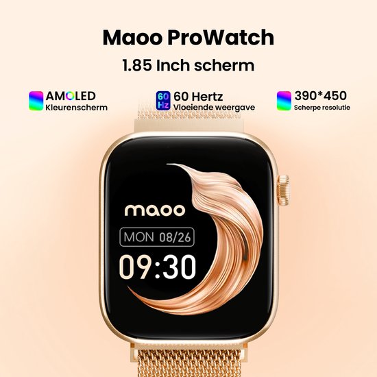 Gouden smartwatch met roségouden Milanese band en 1.85 inch AMOLED-scherm met een gouden abstracte wijzerplaat.