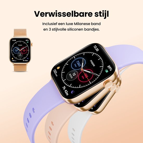 Gouden smartwatch met roségouden Milanese band, naast drie losse siliconen bandjes in paars, crème en wit.