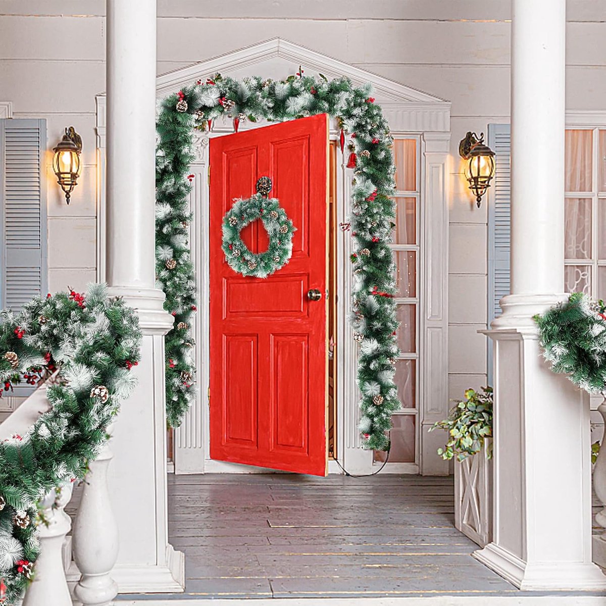 Aufun 5M Kerst guirlande spar guirlande met verlichting Kerstdecoratie guirlande diverse vormen buiten en binnen decoratie voor kerst trap (met lichtslingers, 500cm witte sneeuw) – foto 3