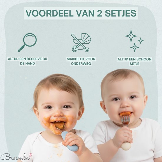 Broemba RVS Kinderbestek - Set de 4 pièces - 2x Cuillère Bébé & Fourchette Bébé - 100% sans BPA Couverts Bébé - Petites Cuillères et Petites Fourchettes - Beige / Blauw