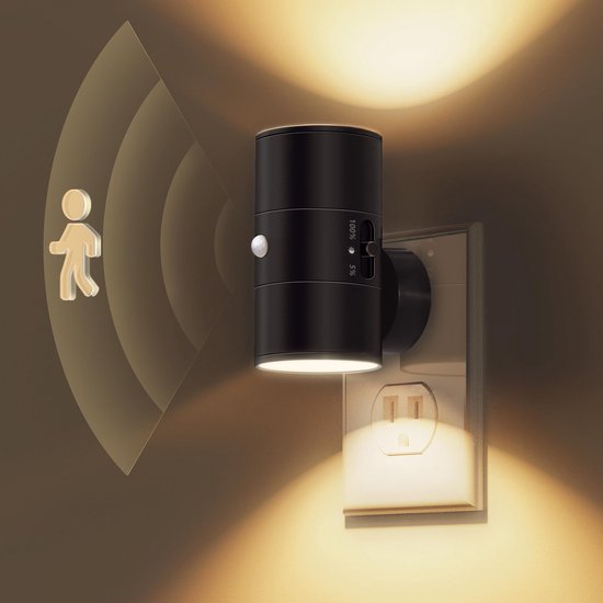 LED Nachtlampje met bewegingsmelder, 1 stuk, nachtlampje, stopcontact, warmwit, 3000 K, instelbare helderheid 0-100 lm, dimbaar nachtlampje, stopcontact voor binnen, voor hal, slaapkamer, trap