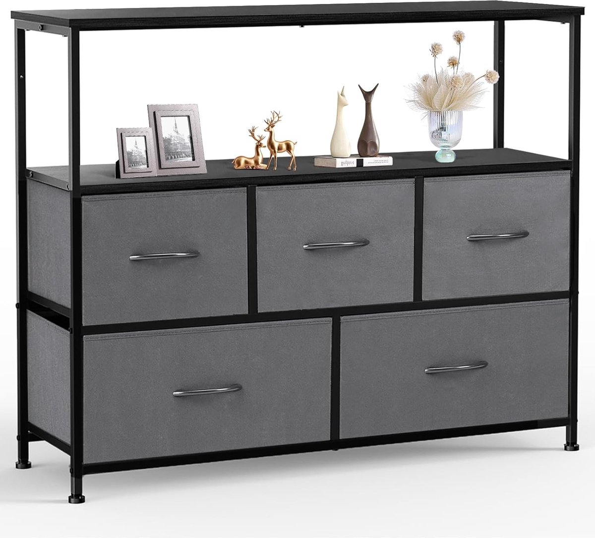 Commode / TV-meubel met 5 Stoffen Laden – 115 × 30 × 80 cm – Dressoir voor Slaapkamer & Woonkamer – MDF Frame – Verstelbare Poten – Modern Grijs, HMTM-SC-5D-GR