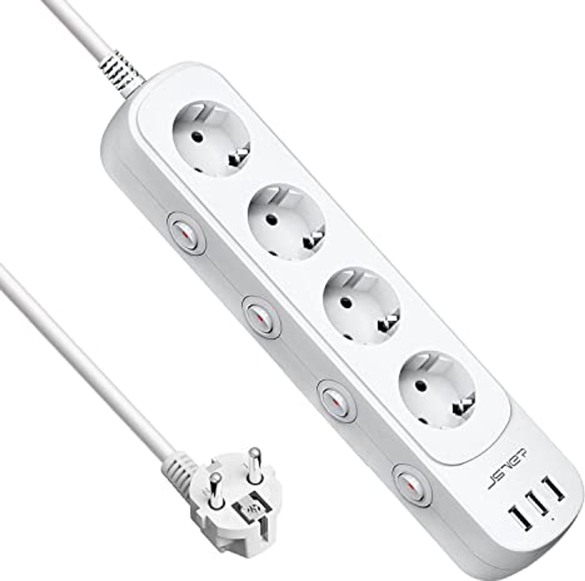 USB-stopcontact met 3 USB-poorten en 4 stopcontacten met schakelaar - Meervoudige verlenging (3680W, 16A)