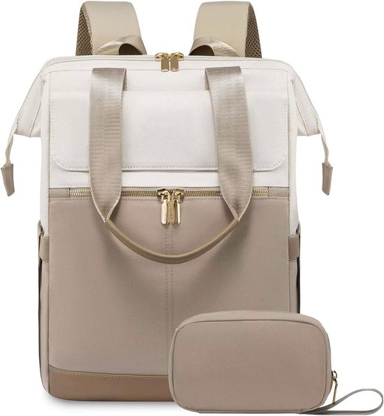 Beige Crème Oxford Rugzak voor Vrouwen (43x30x20 cm) – Waterdicht, Ruim & Stijlvol | Luiertas, Reistas & Werktas met Extra Clutch (21x15 cm), Kofferband & Anti-diefstal Achtervak