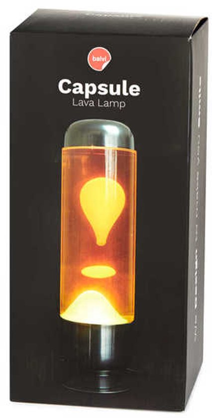 Balvi Capsule Lava Lamp in verpakking. Oranje vloeistof met gele lava.