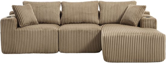 Ensemble de canapés modulables avec chaise longue et canapé 2 places, cuir de vachette souple, avec 5 coussins, poches latérales et porte-gobelets, mousse haute densité, combinaison DIY, idéal pour salon, appartement et studio - Kaki
