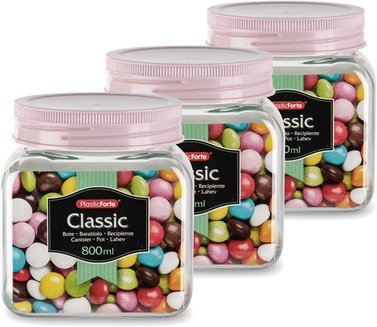 Plasticforte keuken voedsel voorraadpot - Set van 4x stuks - weckpot - roze - 800 ml - kunststof - met deksel - 10 x 12 cm