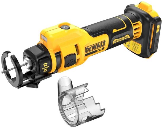 Gele en zwarte DeWalt accu gipsfrees met een verwijderbare stofafzuigkap.