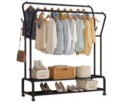 MeubelsvanJoep® Industrieel Kledingrek op wielen - Metaal - 110x33x150 CM - Mat zwart poedercoating - Opbergruimte Voor Schoenen - Garderoberek Met Haken