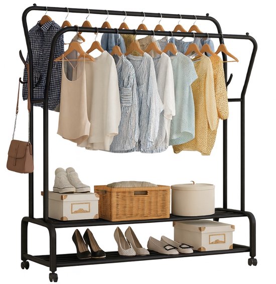 MeubelsvanJoep® Industrieel Kledingrek op wielen - Metaal - 110x33x150 CM - Mat zwart poedercoating - Opbergruimte Voor Schoenen - Garderoberek Met Haken