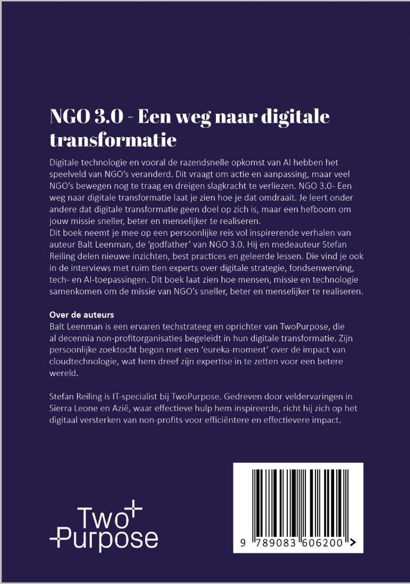 Boek 'NGO 3.0 - Een weg naar digitale transformatie' met informatie over de auteurs en de inhoud. Code 9789083606200.