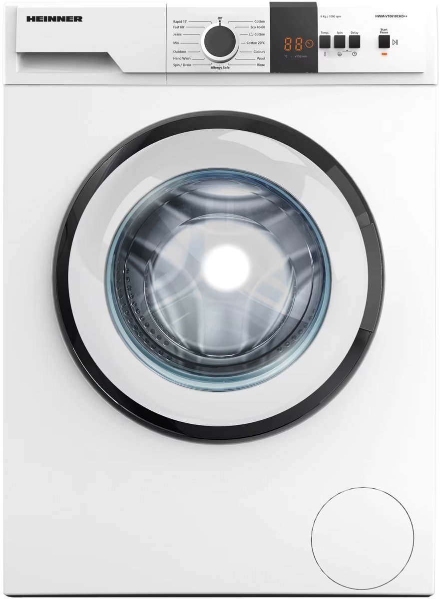Heinner HWM-VT0610CHD++ Wasmachine 6 kg – 15 Programma’s – Allergievriendelijk – LED-Display – 1000 tpm – Kinderslot – Wit – 5 Jaar Garantie