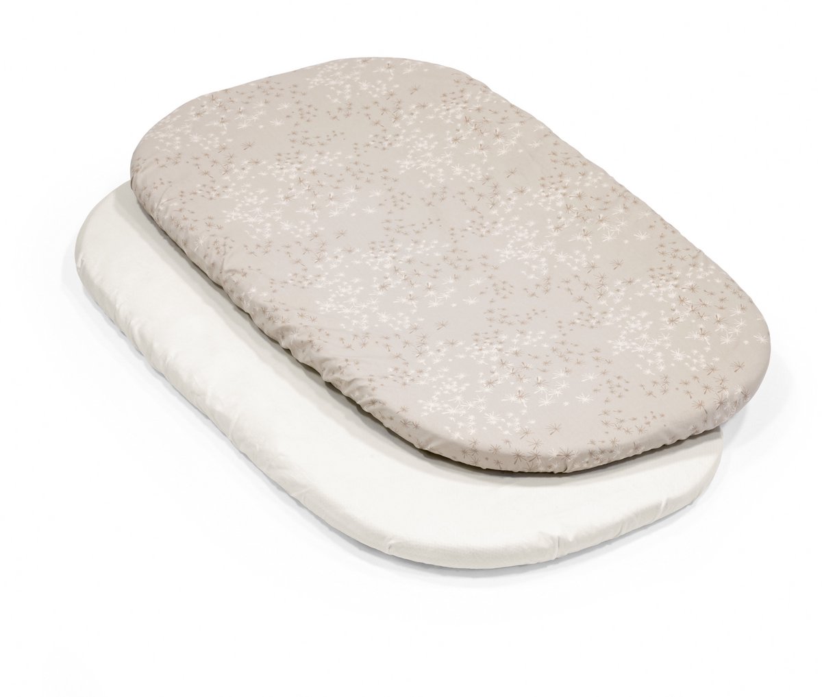 Stokke Snoozi hoeslakens - 1 Dandelion-beige en 1 Vanilla Cream- Past bij de ovale Snoozi-matras - Zacht, biologisch katoen - Kan in de wasmachine
