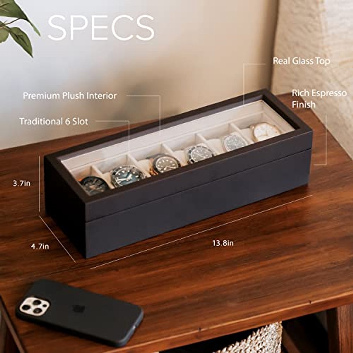 Massieve horlogedoos voor 6 uurwerken van espressohout met glazen displayblad