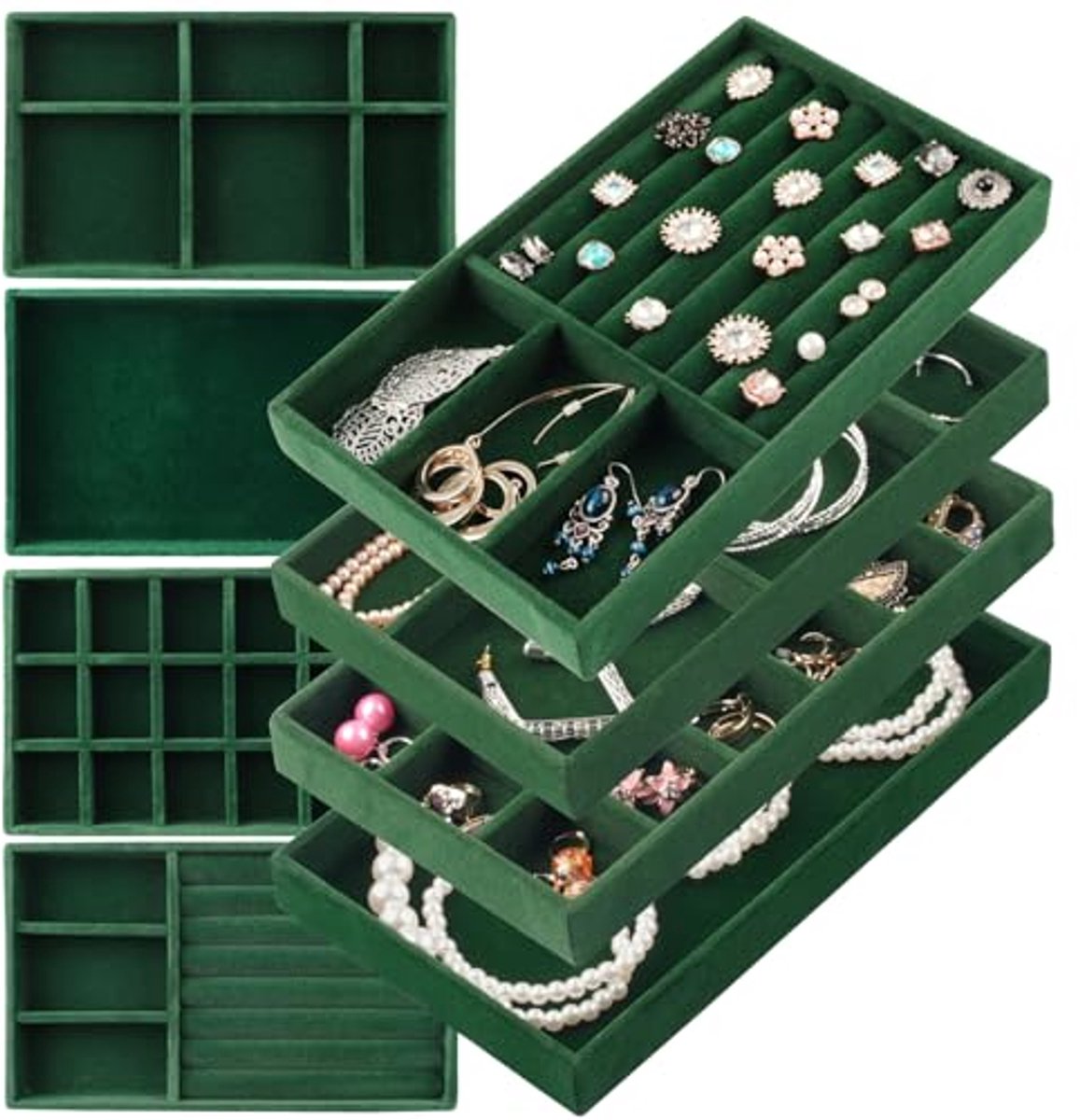 Sieraden Lade Organizer - 8-in-1 Stapelbare Fluwelen Organizer voor Elegante Sieradenopslag