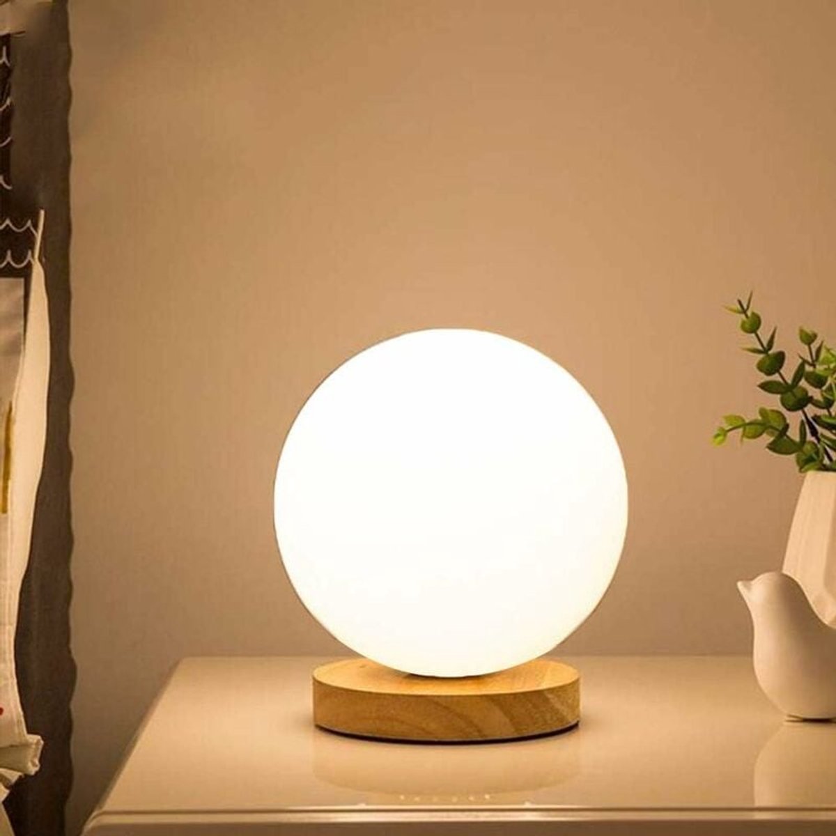 JeiibrZui Bollamp - Boltafellamp - Houten Voet Glas Bovenkant 12X16Cm - 1 Stuks - Woondecoratie Keuken Slaapkamer Wit