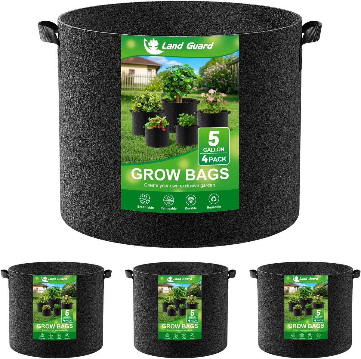 4-pack 5 gallon 300g dikke niet-geweven stoffen kweekzakken- kweekpotten- kweekzakken met handvatten