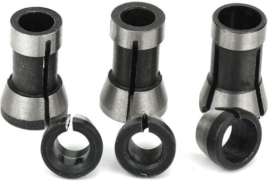 Set van 5 stuks metalen spantangen met spleten, drie rechtop en twee liggend.