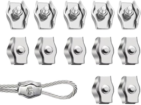 PuretéavHom 28 stuks M3 kabelklem set met 14 stuks kabelklemmen 3mm & 14 stuks kabelkousen 3mm roestvrij staal 304 duplex klem kabelklem clip voor staalkabel 3mm waslijn luifel bevestiging