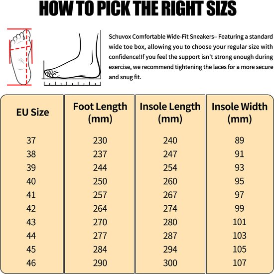 Grafiek met illustratie van een voet en een maattabel voor sportschoenen met EU-maten, voetlengte, binnenzoollengte en -breedte.