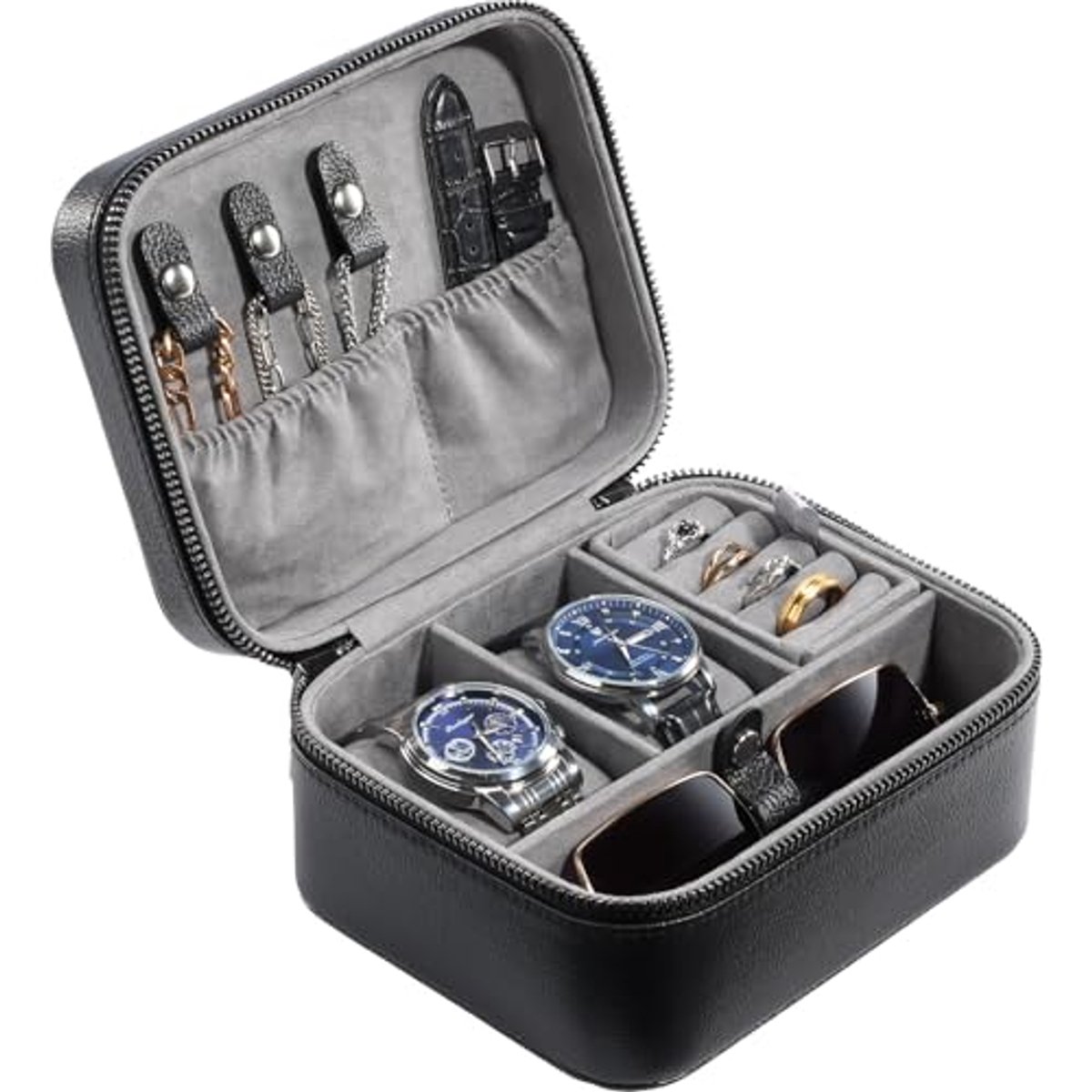 Reis Horloge Etui met 2 Vakken van PU Leer - Zwarte Opbergtas voor Horloges