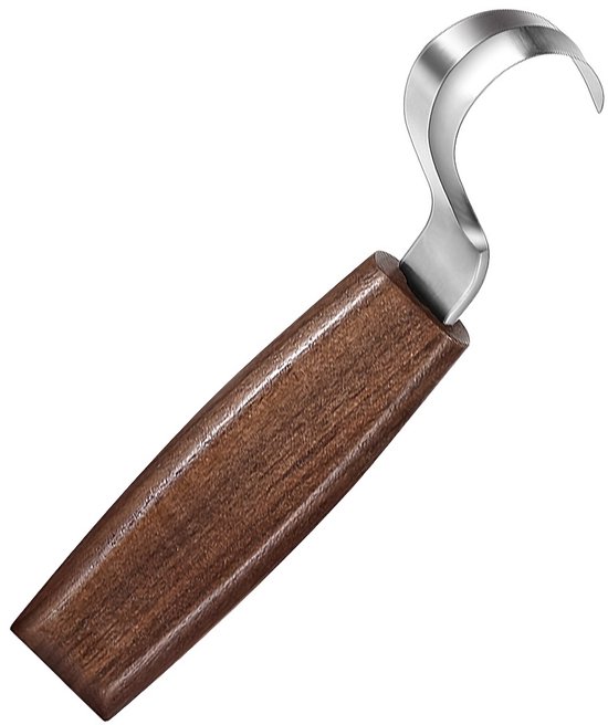 Een gebogen houtsnijmes met een gebogen, metalen mes en een bruin houten handvat.