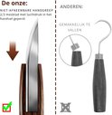 Vergelijking van de messen: ons mes met vast handvat (links) en ander mes met afneembare greep (rechts).
