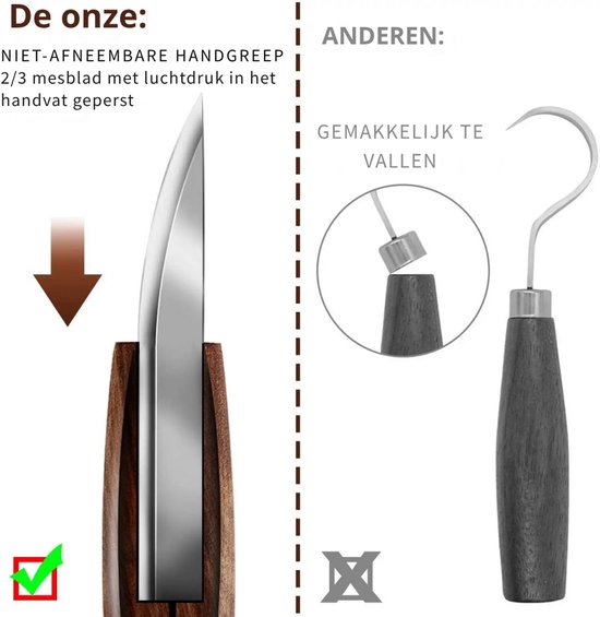 Vergelijking van de messen: ons mes met vast handvat (links) en ander mes met afneembare greep (rechts).