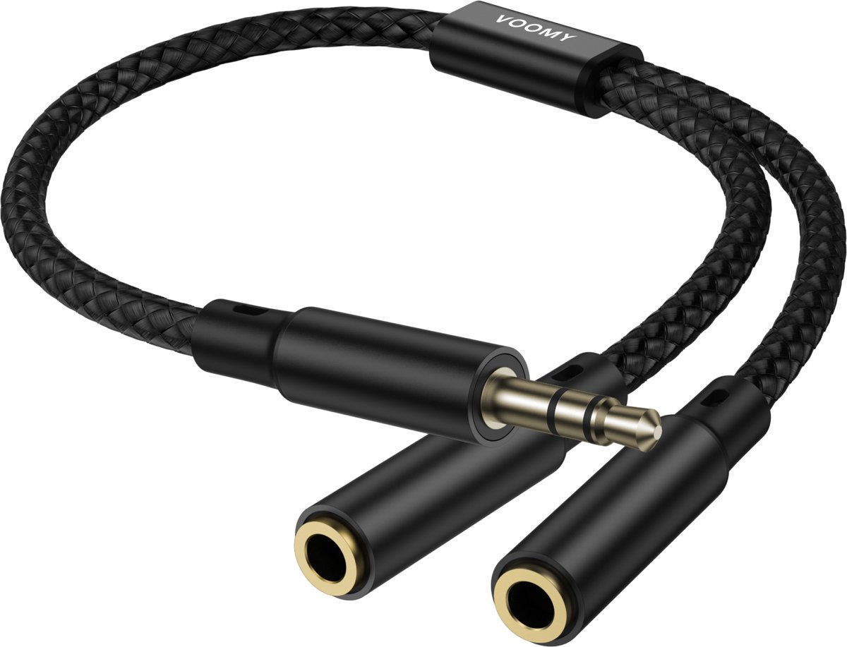 Voomy Audio Splitter – 3.5mm Jack naar 2x Female – Gevlochten – Aux Splitter voor Koptelefoon & Speaker - Zwart
