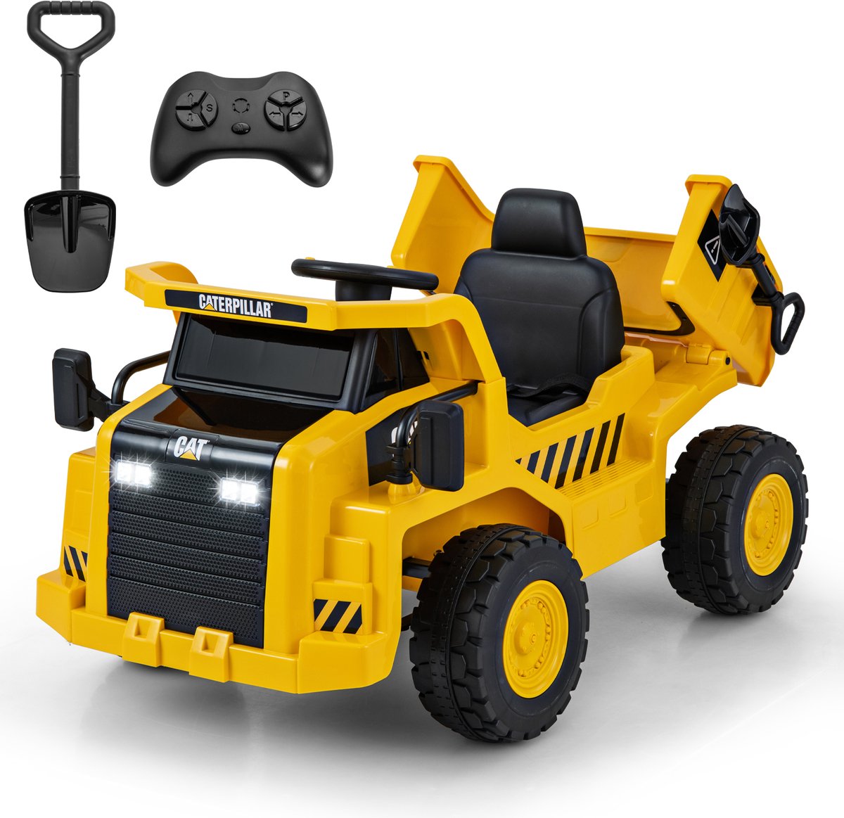 COSTWAY Caterpillar Elektrische auto voor kinderen, 12 V kiepwagen om erop te zitten, met zandschep, kiepbed en megafon, elektrische kinderauto met afstandsbediening, zitkipper voor kinderen vanaf 3