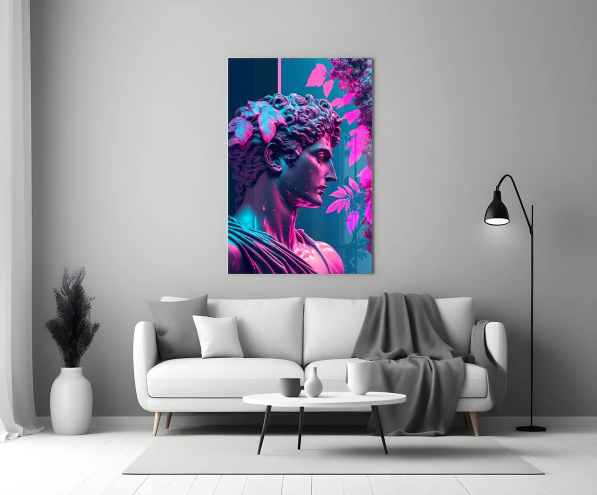 Insigne Art Glasschilderij – Neon Apollo – Klassiek Beeld in Moderne Kleuren – Trendy Wanddecoratie - 90x60 cm Roze