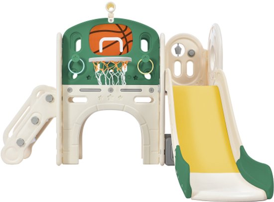 Kinderglijbaan 153x186x111cm Antiek Groen HDPE Glijbaan Met Tunnel Opbergbak Trap En Basketbalring Peuterspeelset Voor Binnen En Buiten