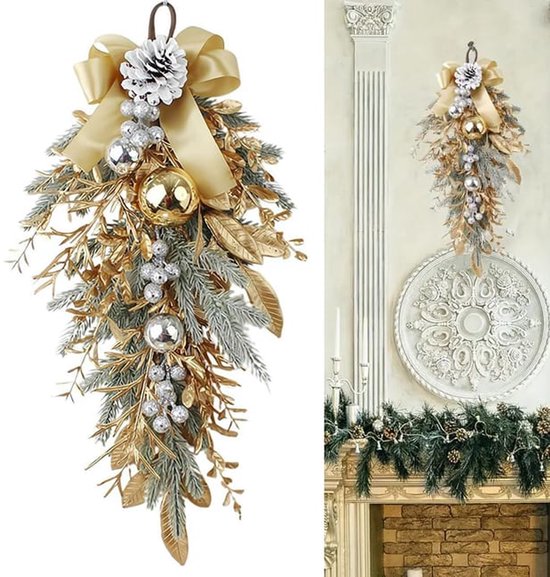 Couronne de Noël artificielle, guirlande de branches de rotin dorées pour porte d'entrée, à accrocher au mur à l'intérieur et à l'extérieur, décoration de Noël, 55 cm