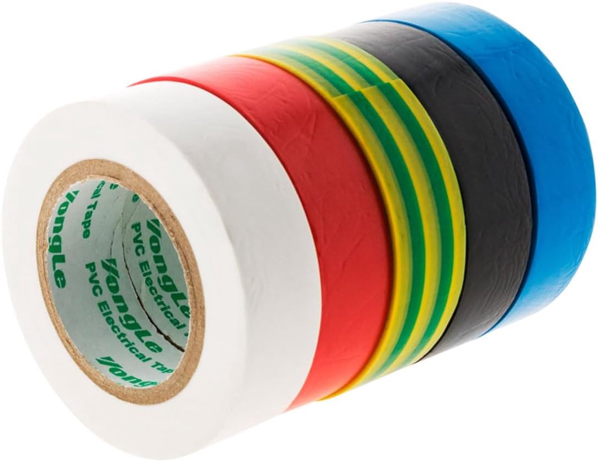 PVC-isolatietapes van het merk Yongle in de kleuren: wit- rood- zwart- blauw- groen-geel - ontworpen voor elektrische isolatie- bescherming en reparatie- 16 mm x 10 m