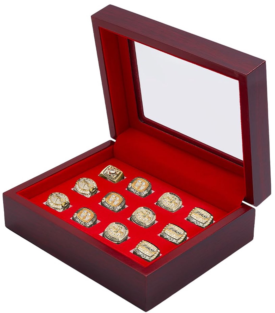 Championship Ring Vitrine Sport Ring Opbergdoos, Kokosbruin Rechthoek 12-Slot Houten Ringen Organizer Lade met Spons Binnen en PVC Venster Deksel voor Sieraden Opslag