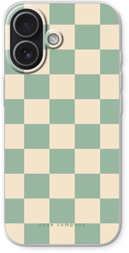 Telefoonhoesje met groen-witte dambordpatroon.