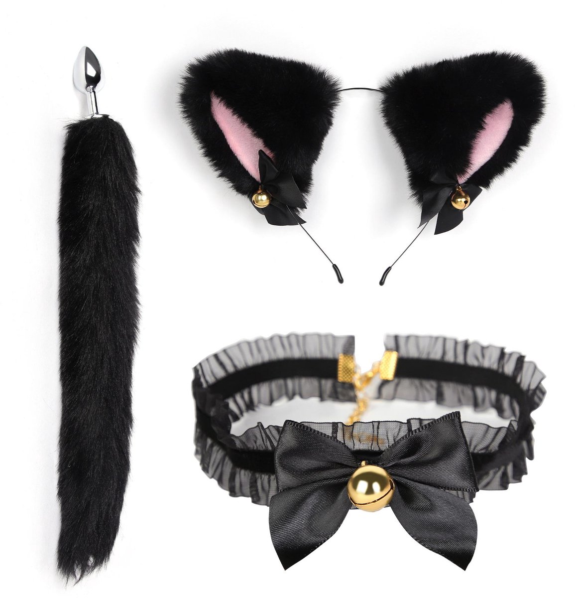 Daity Zwarte kattenoren hoofdbandset voor meisjes - Halloween cosplay kattenkostuum - nepbont oren hoofdband haaraccessoires voor volwassenen en kinderen