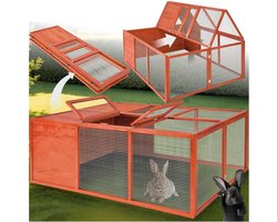 tectake® Konijnenren - 150 x 103 x 53 cm - Ren voor Knaagdieren met Dakopening en Open Bodem - Opvouwbaar Konijnenhok - Gelakt Hout met Fijnmazig Rooster - Geen Montage Nodig