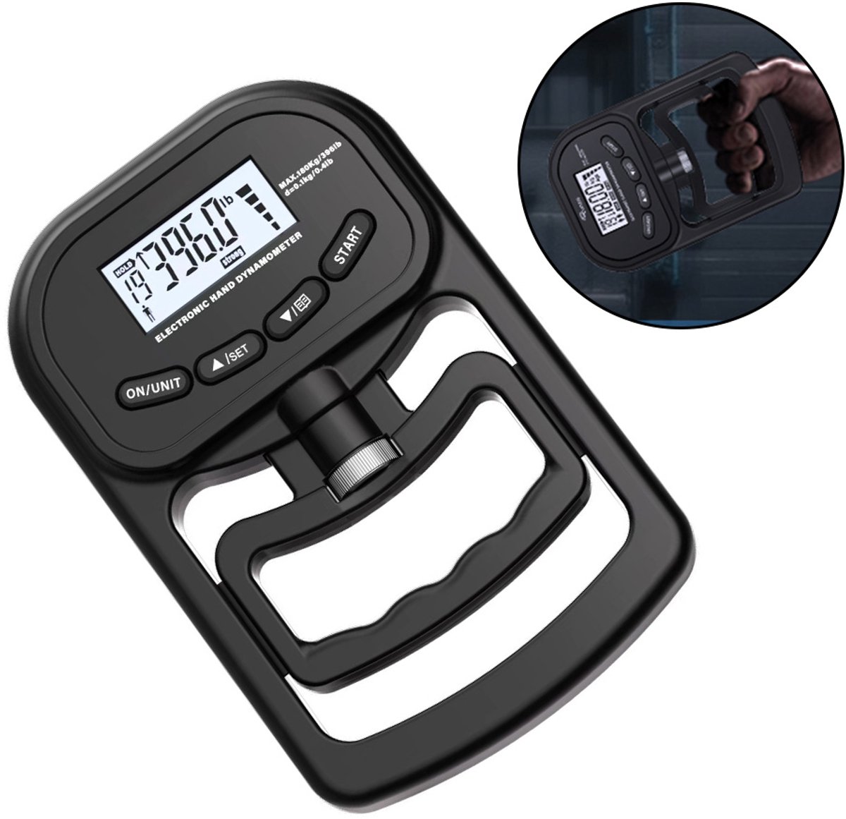 Digitale Handdynamometer Tot en Met 396Lbs/180Kg - Grip Sterkte Tester Meter - Usb en Batterij - Lcd-scherm Handgrip - Innovatief - Personal Records Bijhouden - Vingers Kracht Training - Hand Trainer - Zwart