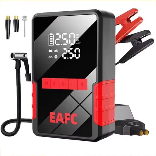 Démarreur de voiture EAFC 12 V avec compresseur - 1 200 A - Démarreur 3 en 1 avec batterie externe, lampe torche LED et éclairage d'urgence SOS - Câbles de démarrage avec batterie - Démarreur