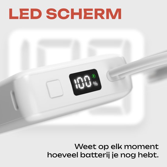 Witte powerbank met LED-scherm waarop 100% wordt weergegeven.