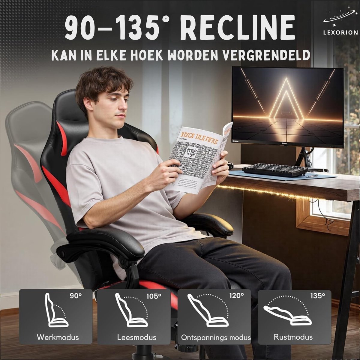 Lexorion Gaming Stoel – Ergonomische Gaming Chair – Inclusief Gratis RGB Gamingmuis Cadeau – Verstelbaar – Lederen Gamestoel – 136 kg – Rood– Bureaustoel – foto 4