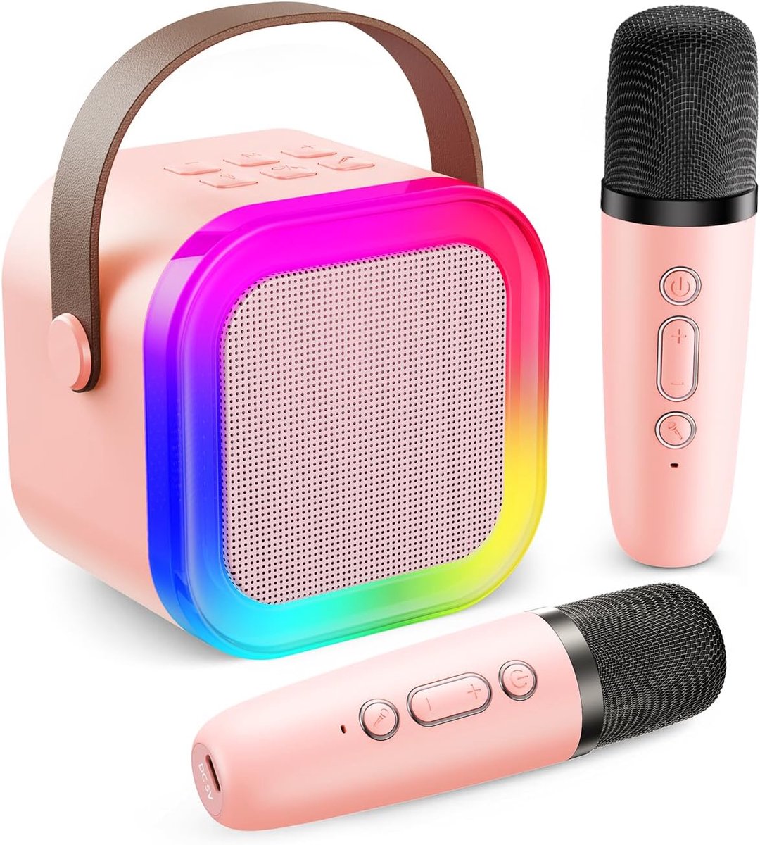 Karaoke-machine Roze kleur voor kinderen en volwassenen, mini-karaoke-machine met 2 microfoons, draagbare bluetooth-luidspreker met stemeffecten en ledlampen, cadeau speelgoed voor meisjes en jongens