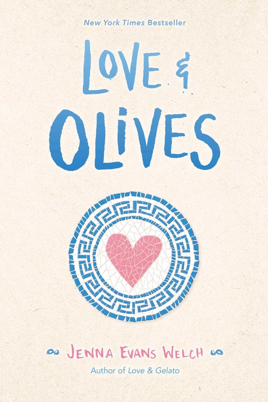 Boekcover van 'Love & Olives' in blauwe en roze tinten, met een hartje en Grieks patroon.