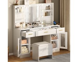 foto van Kaptafel - Make Up Tafel - Inclusief Krukje - Met Groots Spiegel en 10 LED Lampen - Met Stopcontacten & USB-poorten - 3 Lichtkleuren - 3 Lades en 2 Kasten met 4 Planken - Eenvoudige Montage - 140H x 115B x 40D cm - Voor Slaapkamer Kleedkamer - Wit