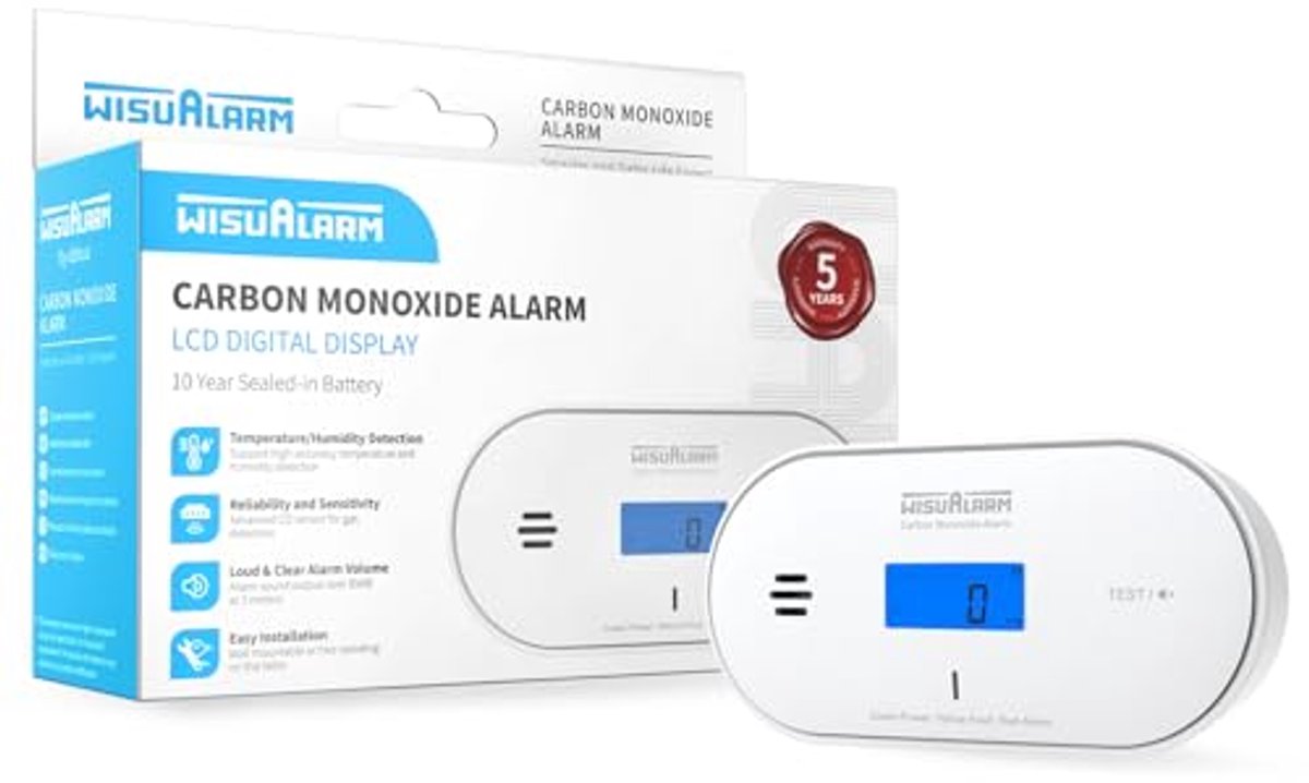 Koolmonoxidemelder met 10 jaar batterij, temperatuur- en vochtigheidsdetectie, LCD-display