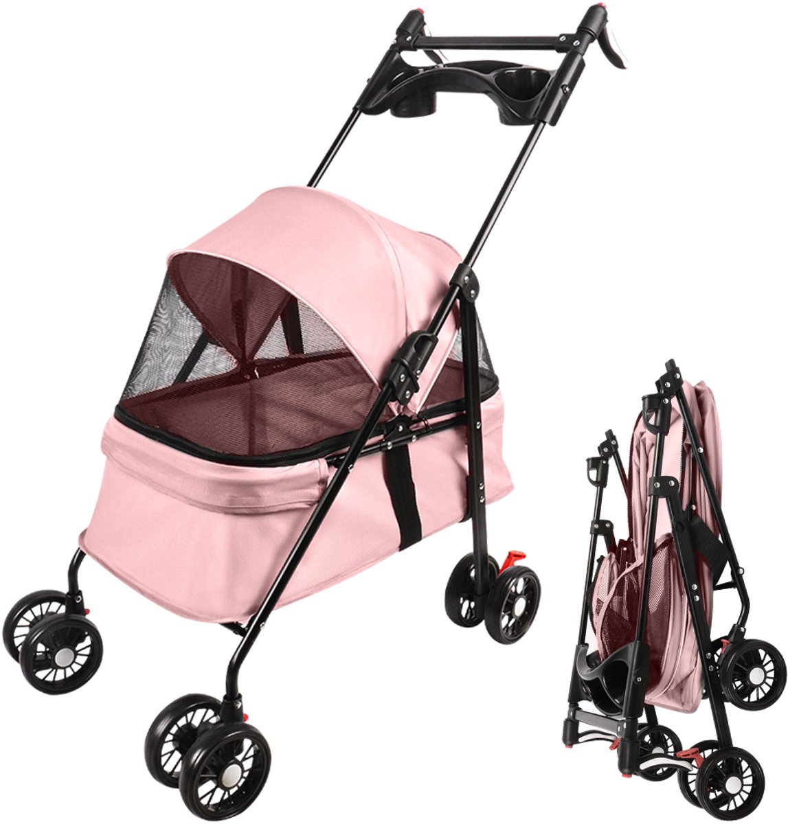 PIPIPOXER Hondenbuggy met gaasvenster, opvouwbaar met 2 veiligheidsriemen, voor kleine honden en katten-Roze