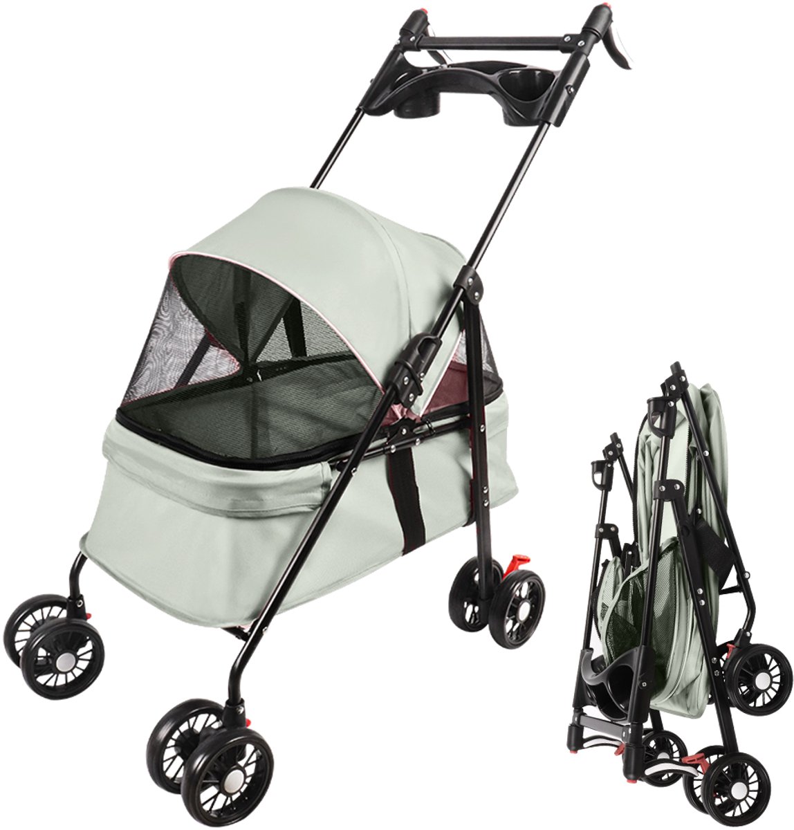 PIPIPOXER Hondenbuggy met gaasvenster, opvouwbaar met 2 veiligheidsriemen, voor kleine honden en katten-Grijs