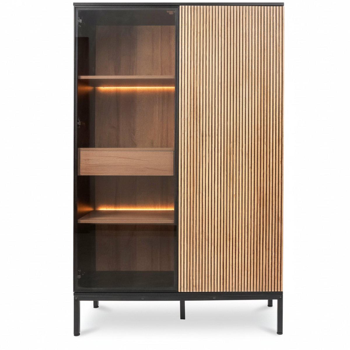 Zenzee Thora- Vitrinekast - Hoge kast - Wandkast - 2 deuren – Met glas - Met LED verlichting - Natuur Zwart